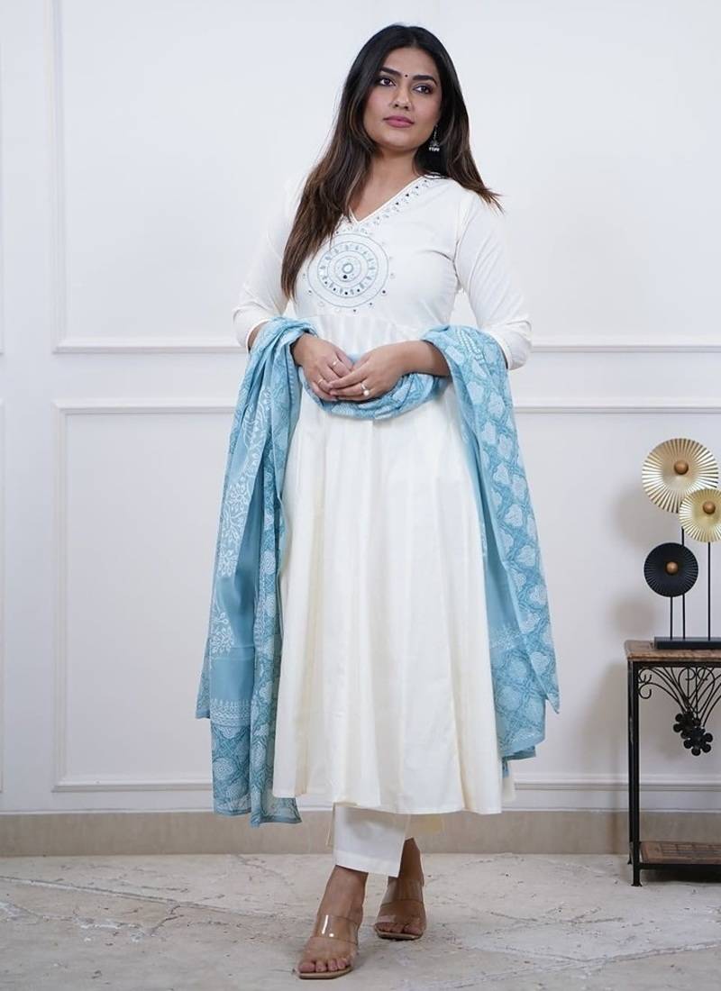 off-white embroidered cotton anarkali suit