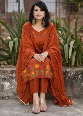 Beautiful rust brown floral embroidered cotton straight suit set 2