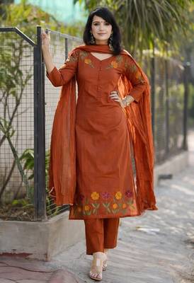  rust brown floral embroidered cotton straight suit set 3