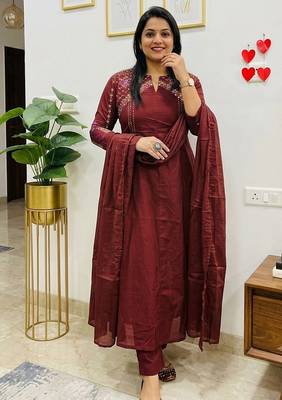 Beautiful wine embroidered chanderi flared suit set 1