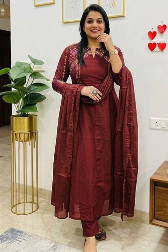 Beautiful wine embroidered chanderi flared suit set