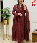 Beautiful wine embroidered chanderi flared suit set