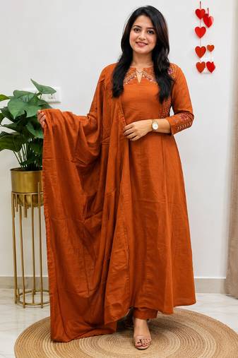  orange embroidered chanderi flared suit set