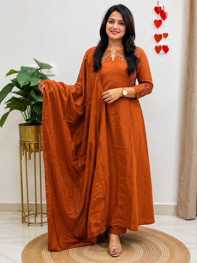  orange embroidered chanderi flared suit set