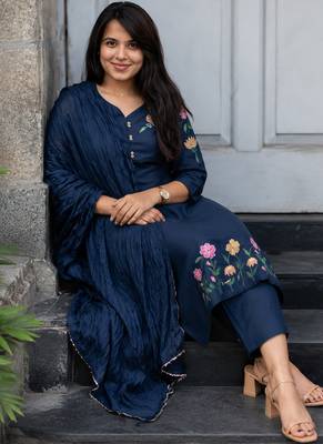  blue floral embroidered cotton straight suit set 2