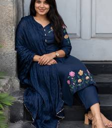  blue floral embroidered cotton straight suit set