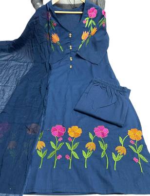  blue floral embroidered cotton straight suit set 3