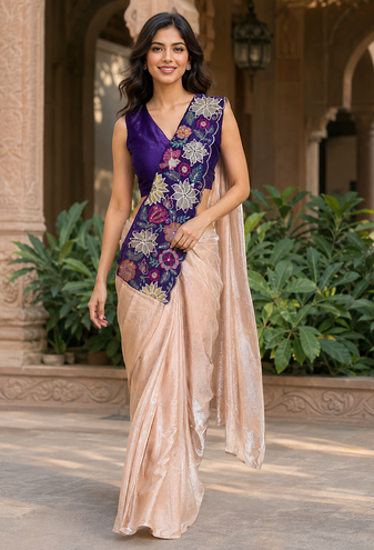 designer fendy silk blend embroidered ready to wear saree with stitched blouse
