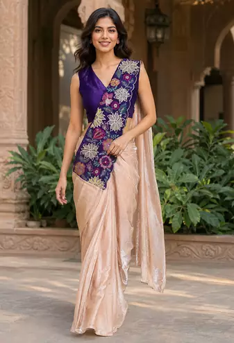 designer fendy silk blend embroidered ready to wear saree with stitched blouse