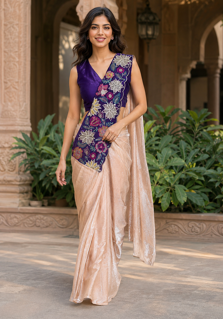 designer fendy silk blend embroidered ready to wear saree with stitched blouse