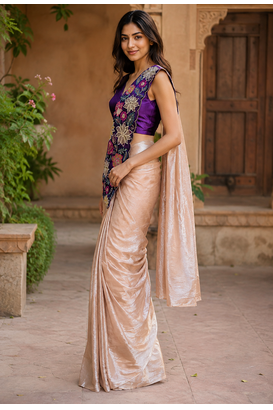 designer fendy silk blend embroidered ready to wear saree with stitched blouse 3