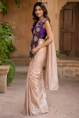 designer fendy silk blend embroidered ready to wear saree with stitched blouse