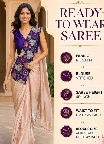 designer fendy silk blend embroidered ready to wear saree with stitched blouse