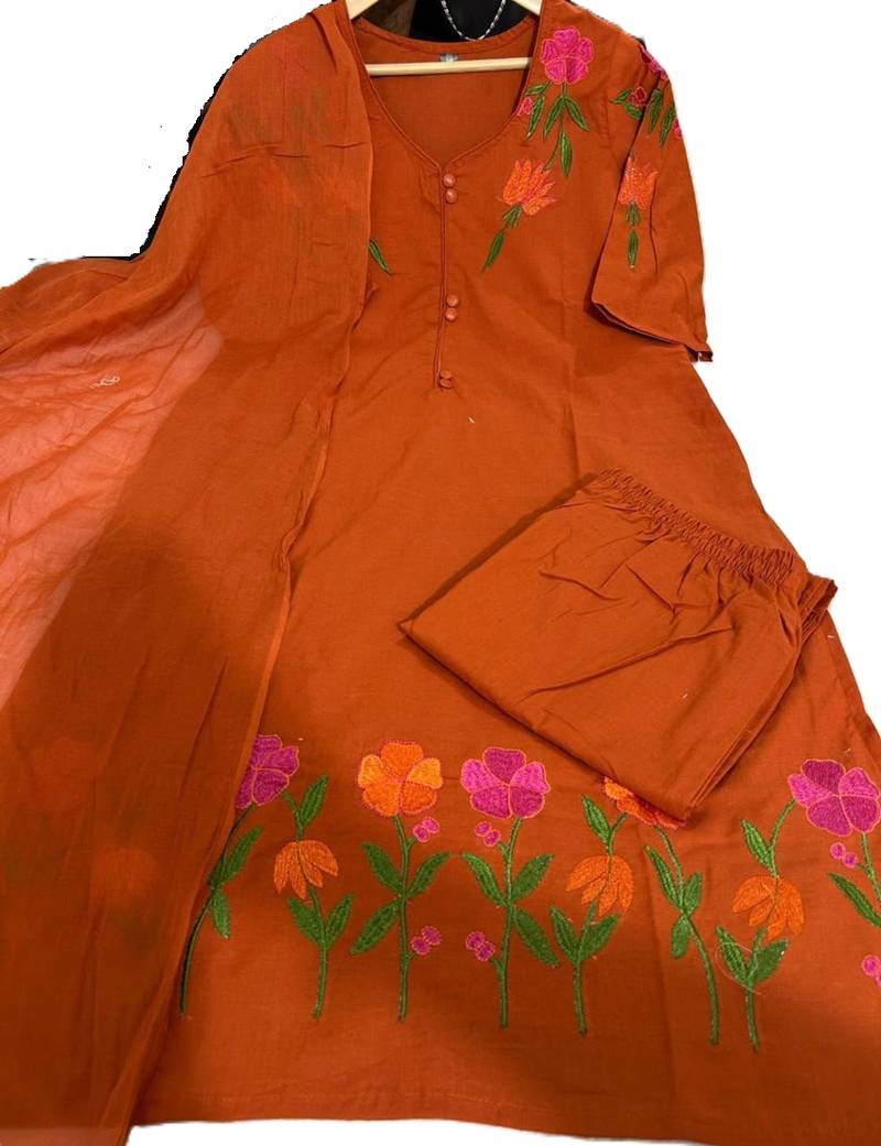  rust brown floral embroidered cotton straight suit set