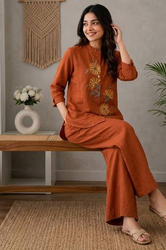  rust orange floral embroidered linen co-ord set