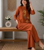  rust orange floral embroidered linen co-ord set