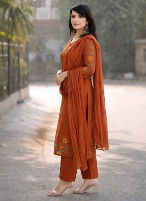 Beautiful rust brown floral embroidered cotton straight suit set 4