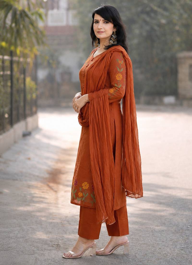 Beautiful rust brown floral embroidered cotton straight suit set