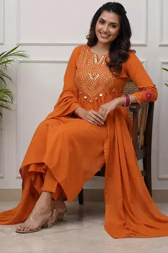  rust orange foil mirror work cotton flared suit set