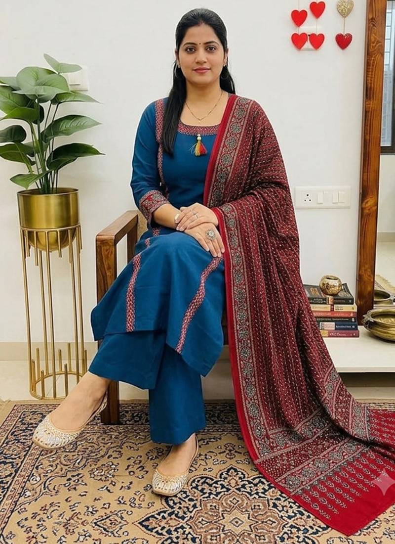  blue embroidered cotton straight suit set