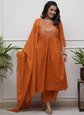  rust orange foil mirror work cotton flared suit set 3