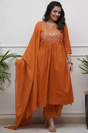  rust orange foil mirror work cotton flared suit set
