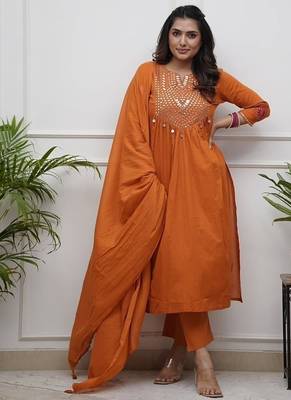  rust orange foil mirror work cotton flared suit set 4
