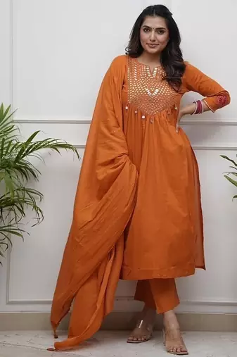  rust orange foil mirror work cotton flared suit set