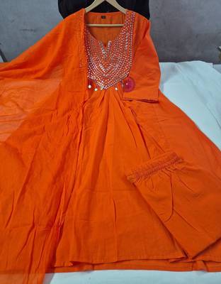  rust orange foil mirror work cotton flared suit set 5