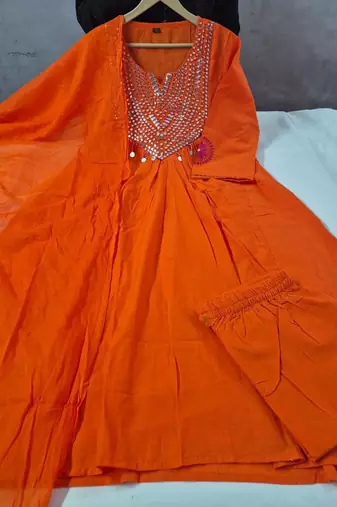  rust orange foil mirror work cotton flared suit set