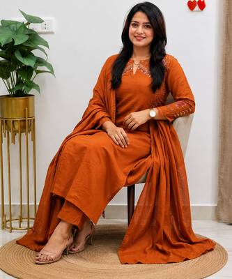  orange embroidered chanderi flared suit set 2