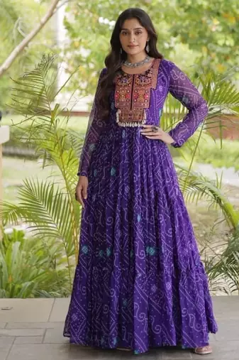 Violet georgette readymade navratri anarkali suit with kutchi patchwork