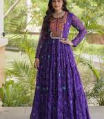 Violet georgette readymade navratri anarkali suit with kutchi patchwork