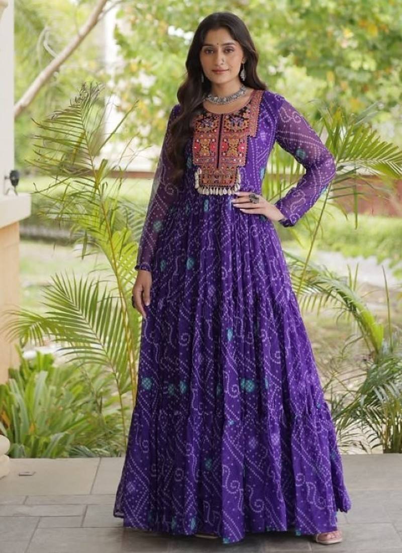 Violet georgette readymade navratri anarkali suit with kutchi patchwork