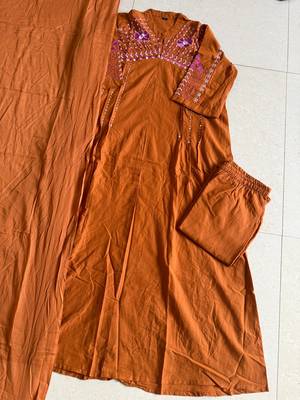  orange embroidered chanderi flared suit set 3