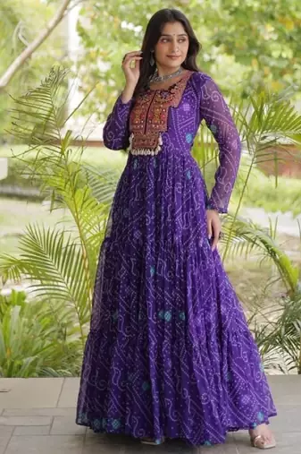 Violet georgette readymade navratri anarkali suit with kutchi patchwork