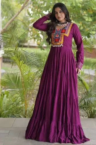 Wine rayon readymade navratri anarkali suit with kutchi thread work