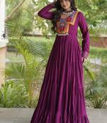 Wine rayon readymade navratri anarkali suit with kutchi thread work