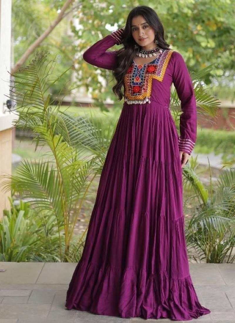 Wine rayon readymade navratri anarkali suit with kutchi thread work