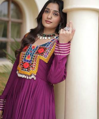 Wine rayon readymade navratri anarkali suit with kutchi thread work 2
