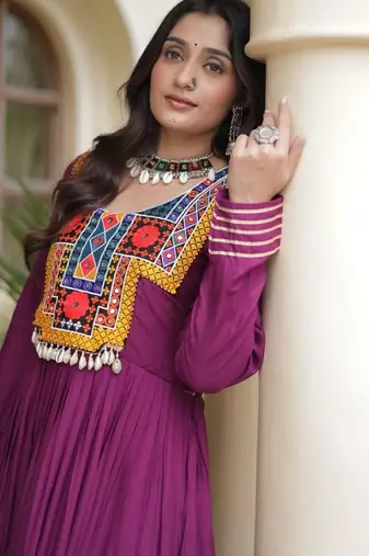 Wine rayon readymade navratri anarkali suit with kutchi thread work