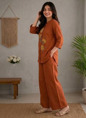  rust orange floral embroidered linen co-ord set 2