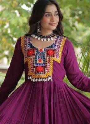 Wine rayon readymade navratri anarkali suit with kutchi thread work 3