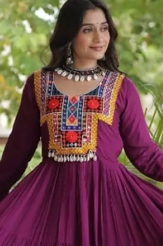 Wine rayon readymade navratri anarkali suit with kutchi thread work