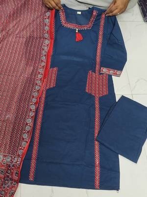  blue embroidered cotton straight suit set 5
