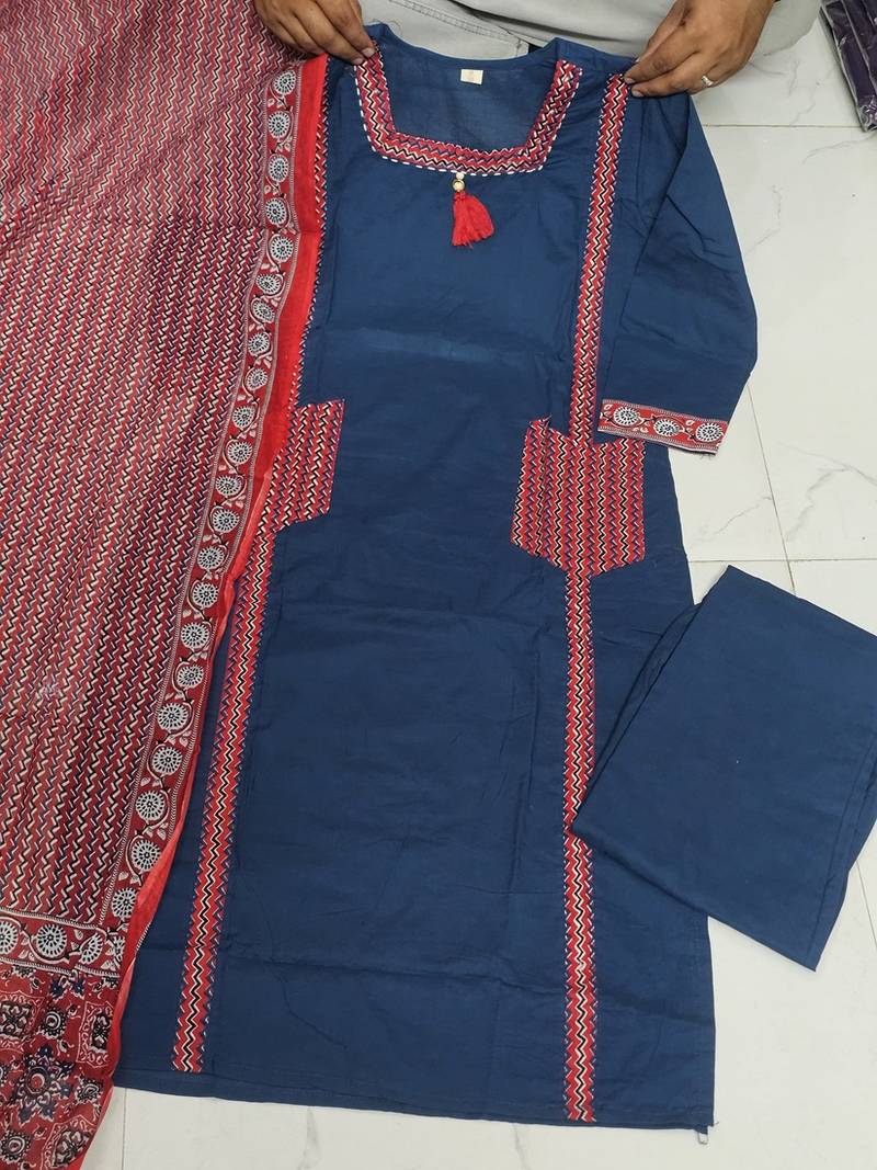  blue embroidered cotton straight suit set