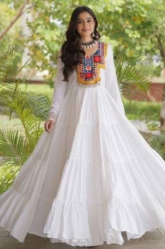 White rayon readymade navratri anarkali suit with kutchi thread work