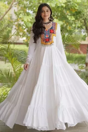 White rayon readymade navratri anarkali suit with kutchi thread work