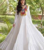 White rayon readymade navratri anarkali suit with kutchi thread work
