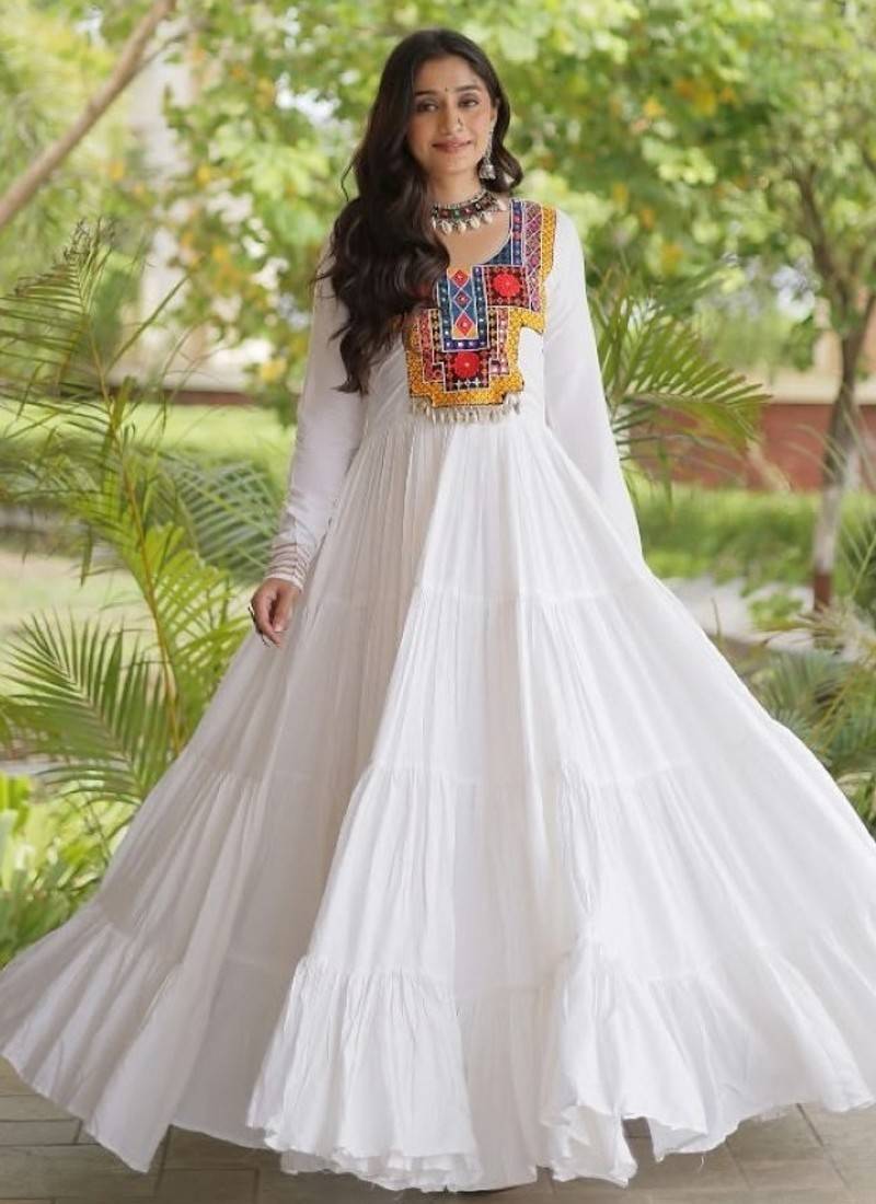 White rayon readymade navratri anarkali suit with kutchi thread work